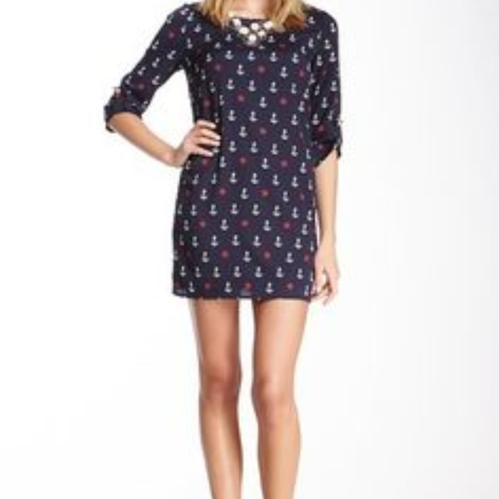 Long Sleeve Sailboat Anchor Dress Navy